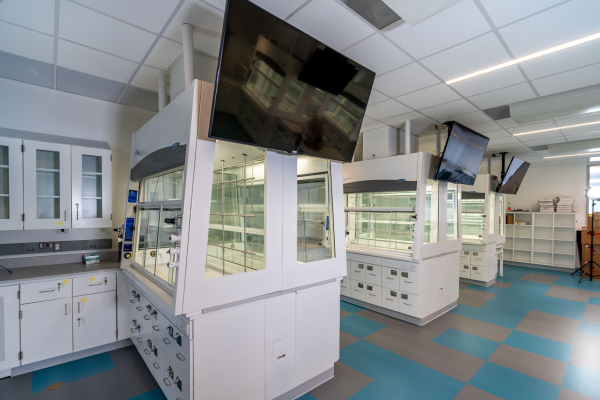 Chaney-Hale Hall televisions mounted on Fume Hoods